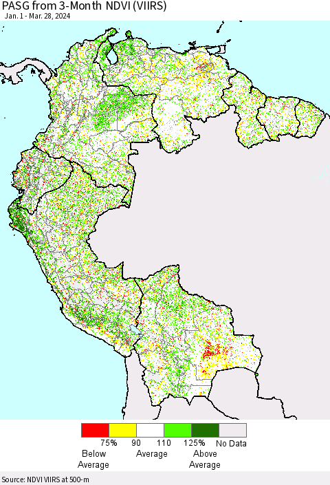 Northern South America PASG from 3-Month NDVI (VIIRS) Thematic Map For 3/21/2024 - 3/28/2024