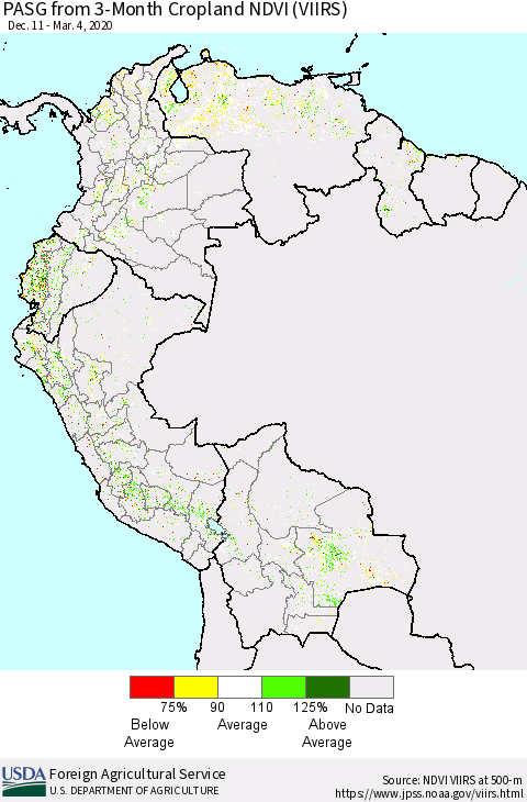 Northern South America PASG from 3-Month Cropland NDVI (VIIRS) Thematic Map For 3/1/2020 - 3/10/2020