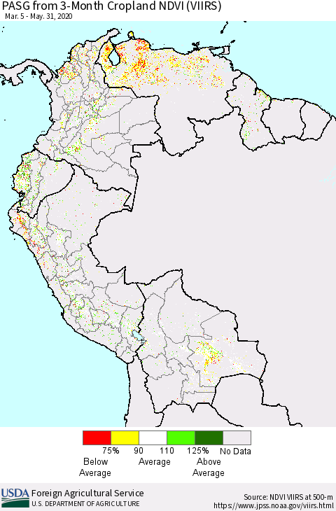 Northern South America PASG from 3-Month Cropland NDVI (VIIRS) Thematic Map For 5/21/2020 - 5/31/2020