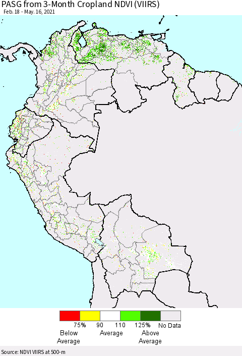 Northern South America PASG from 3-Month Cropland NDVI (VIIRS) Thematic Map For 5/9/2021 - 5/16/2021