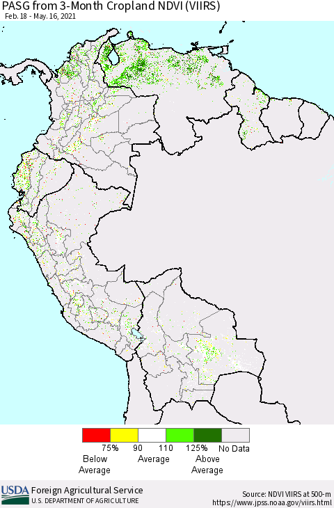 Northern South America PASG from 3-Month Cropland NDVI (VIIRS) Thematic Map For 5/11/2021 - 5/20/2021