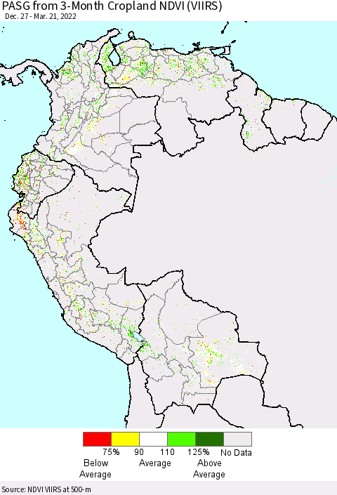 Northern South America PASG from 3-Month Cropland NDVI (VIIRS) Thematic Map For 3/14/2022 - 3/21/2022