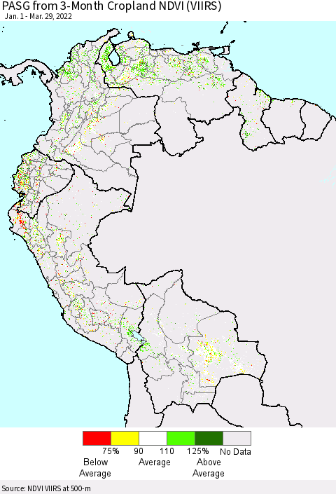 Northern South America PASG from 3-Month Cropland NDVI (VIIRS) Thematic Map For 3/22/2022 - 3/29/2022