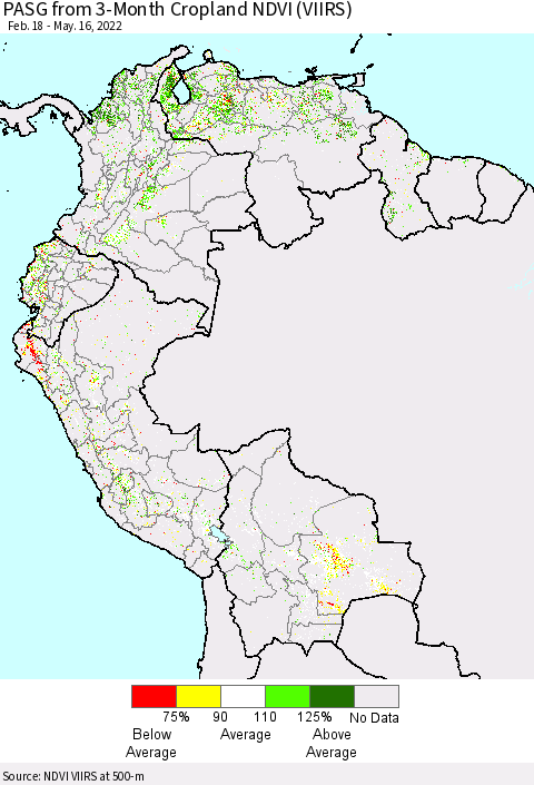 Northern South America PASG from 3-Month Cropland NDVI (VIIRS) Thematic Map For 5/9/2022 - 5/16/2022