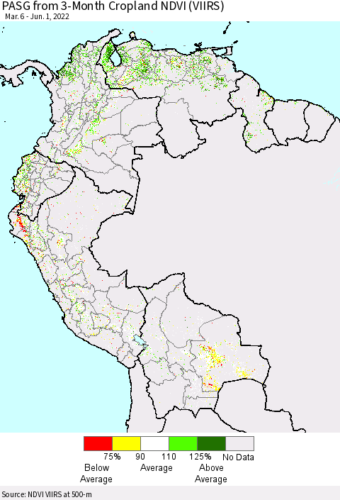 Northern South America PASG from 3-Month Cropland NDVI (VIIRS) Thematic Map For 5/25/2022 - 6/1/2022