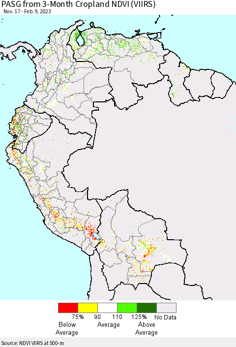 Northern South America PASG from 3-Month Cropland NDVI (VIIRS) Thematic Map For 2/2/2023 - 2/9/2023