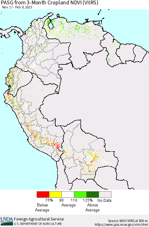 Northern South America PASG from 3-Month Cropland NDVI (VIIRS) Thematic Map For 2/1/2023 - 2/10/2023