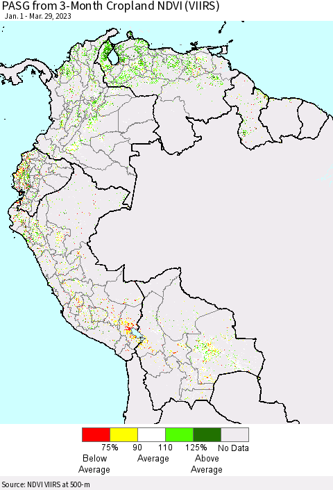 Northern South America PASG from 3-Month Cropland NDVI (VIIRS) Thematic Map For 3/22/2023 - 3/29/2023