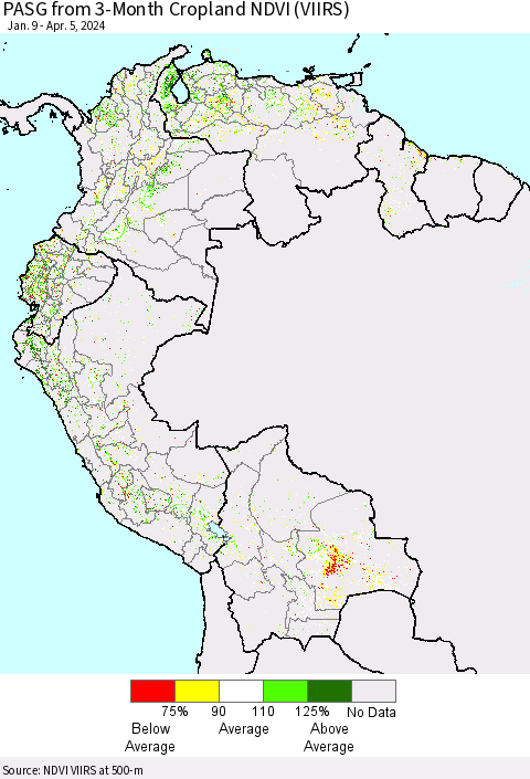 Northern South America PASG from 3-Month Cropland NDVI (VIIRS) Thematic Map For 3/29/2024 - 4/5/2024