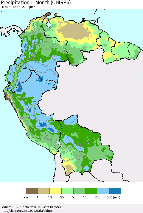 Northern South America Precipitation 1-Month (CHIRPS) Thematic Map For 3/6/2019 - 4/5/2019