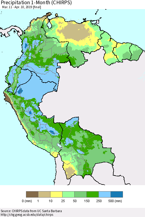 Northern South America Precipitation 1-Month (CHIRPS) Thematic Map For 3/11/2019 - 4/10/2019