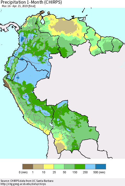Northern South America Precipitation 1-Month (CHIRPS) Thematic Map For 3/16/2019 - 4/15/2019