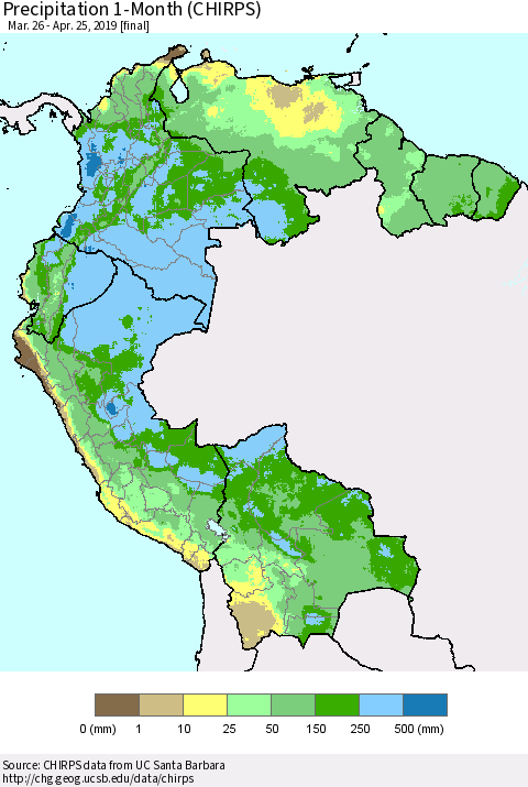 Northern South America Precipitation 1-Month (CHIRPS) Thematic Map For 3/26/2019 - 4/25/2019