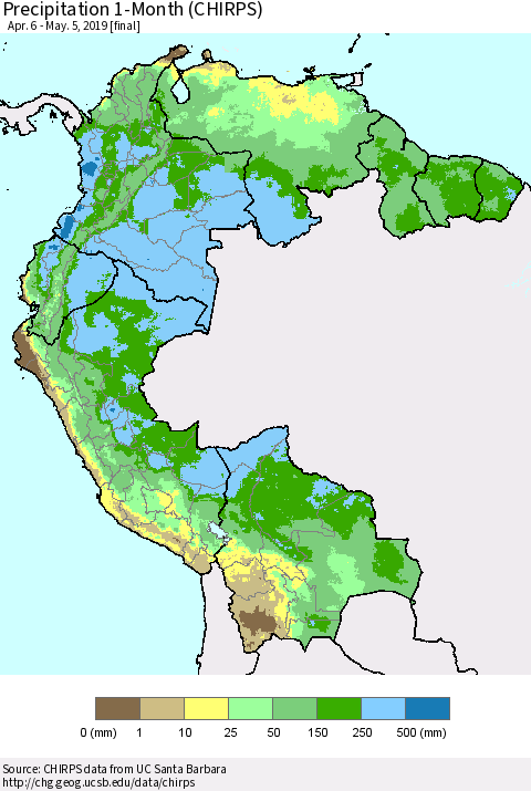 Northern South America Precipitation 1-Month (CHIRPS) Thematic Map For 4/6/2019 - 5/5/2019