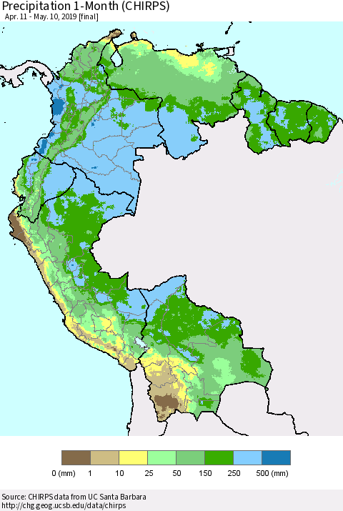 Northern South America Precipitation 1-Month (CHIRPS) Thematic Map For 4/11/2019 - 5/10/2019