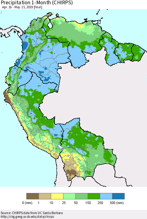 Northern South America Precipitation 1-Month (CHIRPS) Thematic Map For 4/16/2019 - 5/15/2019