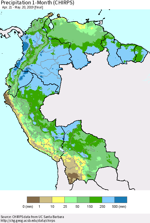 Northern South America Precipitation 1-Month (CHIRPS) Thematic Map For 4/21/2019 - 5/20/2019