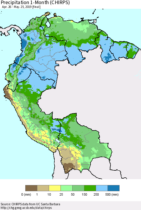Northern South America Precipitation 1-Month (CHIRPS) Thematic Map For 4/26/2019 - 5/25/2019