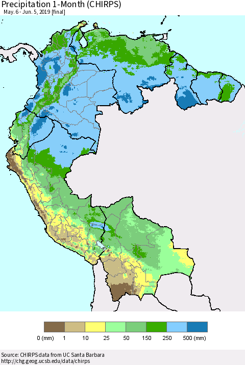 Northern South America Precipitation 1-Month (CHIRPS) Thematic Map For 5/6/2019 - 6/5/2019