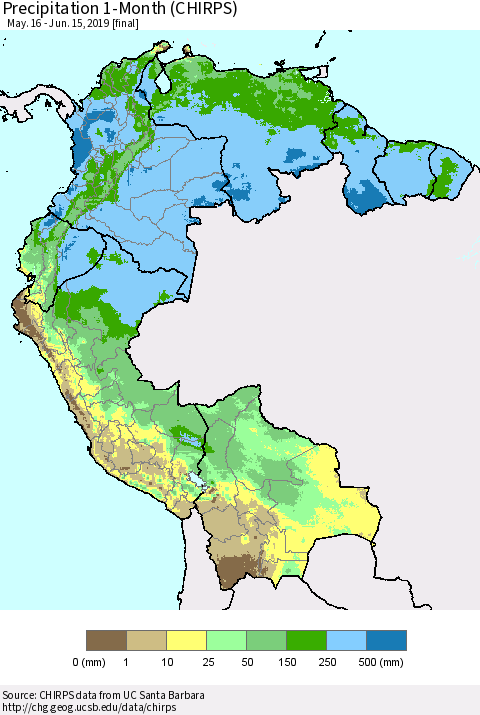 Northern South America Precipitation 1-Month (CHIRPS) Thematic Map For 5/16/2019 - 6/15/2019