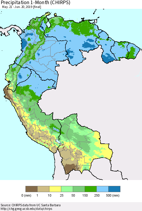 Northern South America Precipitation 1-Month (CHIRPS) Thematic Map For 5/21/2019 - 6/20/2019