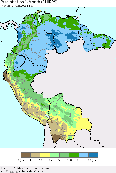 Northern South America Precipitation 1-Month (CHIRPS) Thematic Map For 5/26/2019 - 6/25/2019