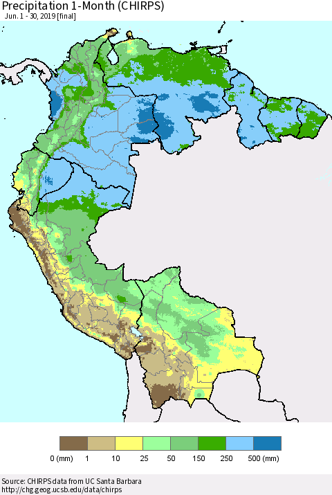 Northern South America Precipitation 1-Month (CHIRPS) Thematic Map For 6/1/2019 - 6/30/2019