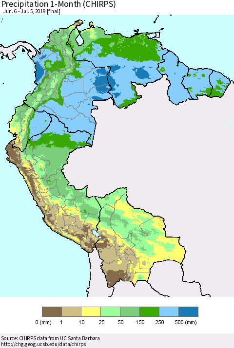 Northern South America Precipitation 1-Month (CHIRPS) Thematic Map For 6/6/2019 - 7/5/2019
