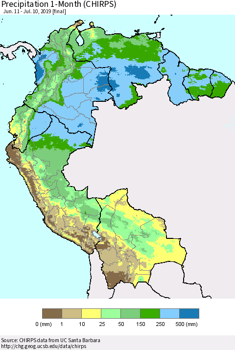 Northern South America Precipitation 1-Month (CHIRPS) Thematic Map For 6/11/2019 - 7/10/2019