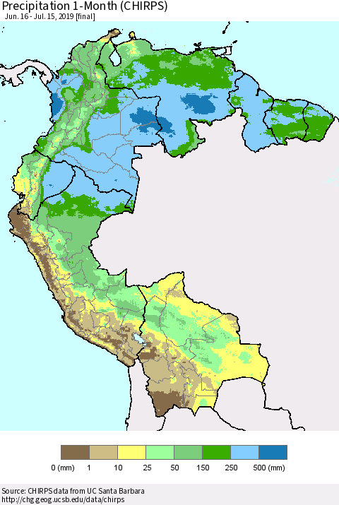 Northern South America Precipitation 1-Month (CHIRPS) Thematic Map For 6/16/2019 - 7/15/2019