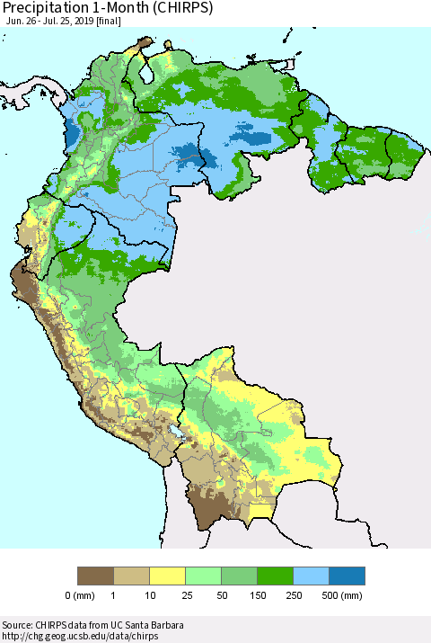 Northern South America Precipitation 1-Month (CHIRPS) Thematic Map For 6/26/2019 - 7/25/2019