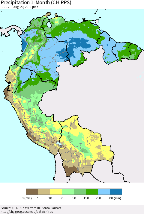 Northern South America Precipitation 1-Month (CHIRPS) Thematic Map For 7/21/2019 - 8/20/2019