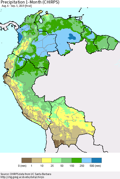 Northern South America Precipitation 1-Month (CHIRPS) Thematic Map For 8/6/2019 - 9/5/2019