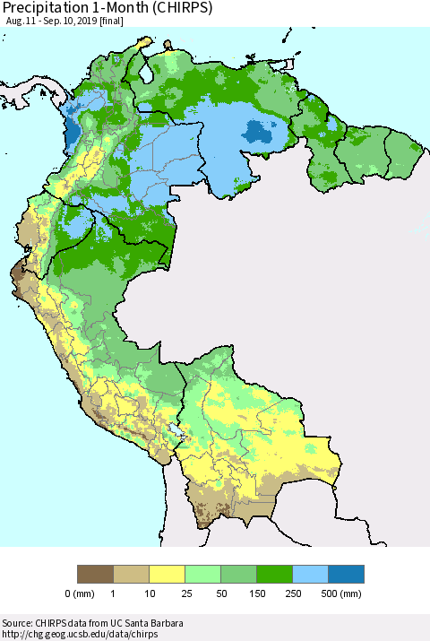 Northern South America Precipitation 1-Month (CHIRPS) Thematic Map For 8/11/2019 - 9/10/2019