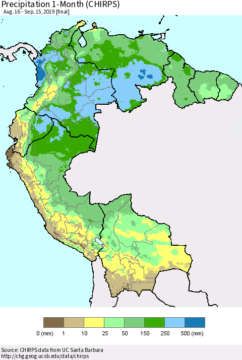 Northern South America Precipitation 1-Month (CHIRPS) Thematic Map For 8/16/2019 - 9/15/2019