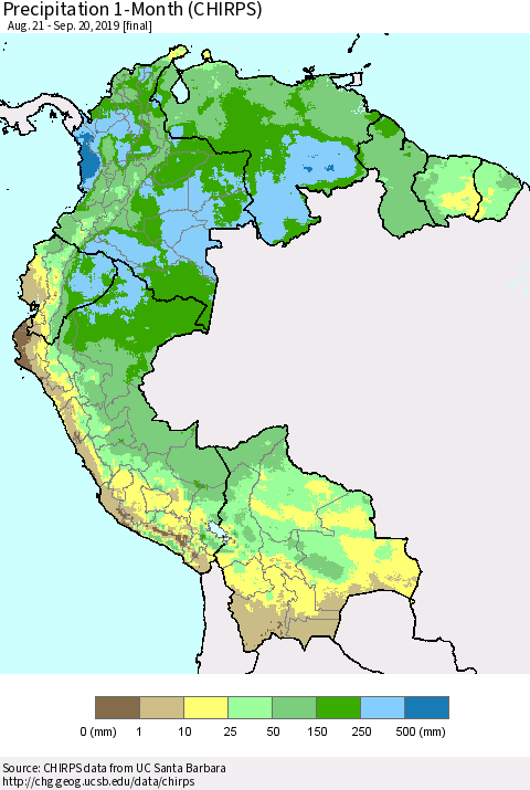 Northern South America Precipitation 1-Month (CHIRPS) Thematic Map For 8/21/2019 - 9/20/2019