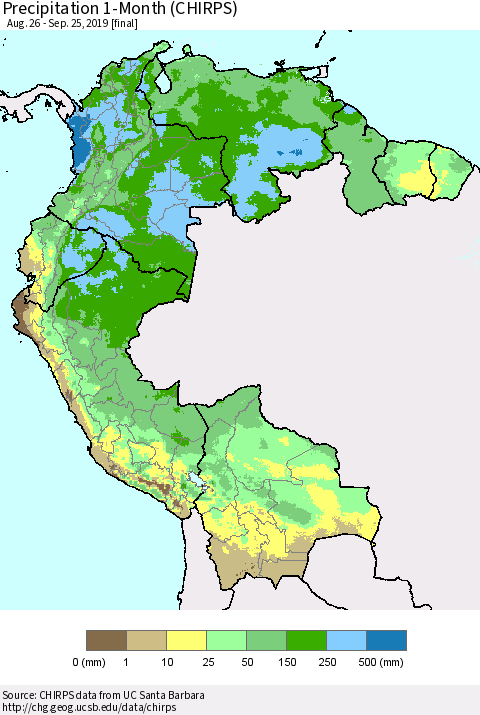 Northern South America Precipitation 1-Month (CHIRPS) Thematic Map For 8/26/2019 - 9/25/2019
