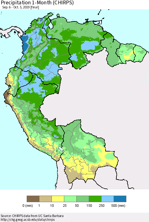 Northern South America Precipitation 1-Month (CHIRPS) Thematic Map For 9/6/2019 - 10/5/2019