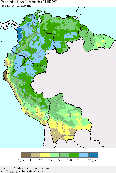 Northern South America Precipitation 1-Month (CHIRPS) Thematic Map For 9/11/2019 - 10/10/2019