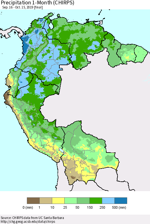 Northern South America Precipitation 1-Month (CHIRPS) Thematic Map For 9/16/2019 - 10/15/2019