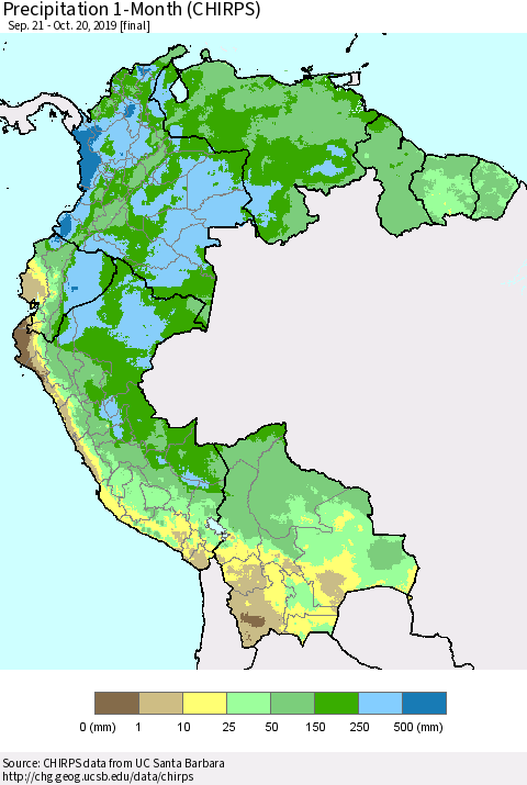Northern South America Precipitation 1-Month (CHIRPS) Thematic Map For 9/21/2019 - 10/20/2019