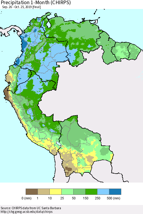 Northern South America Precipitation 1-Month (CHIRPS) Thematic Map For 9/26/2019 - 10/25/2019