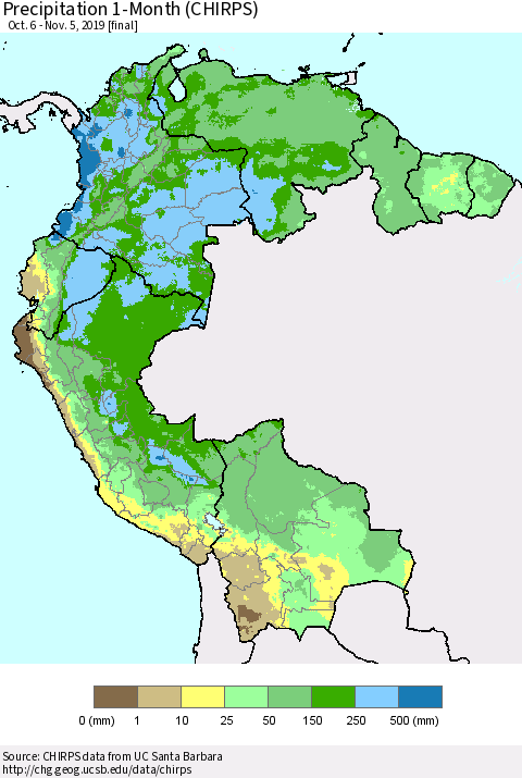 Northern South America Precipitation 1-Month (CHIRPS) Thematic Map For 10/6/2019 - 11/5/2019