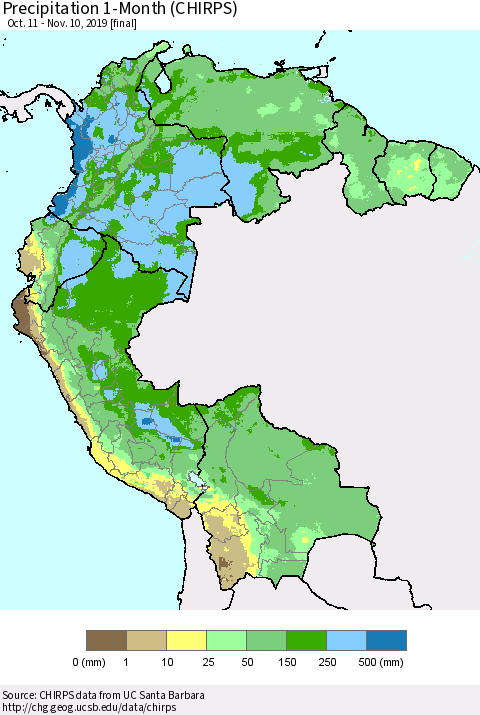 Northern South America Precipitation 1-Month (CHIRPS) Thematic Map For 10/11/2019 - 11/10/2019