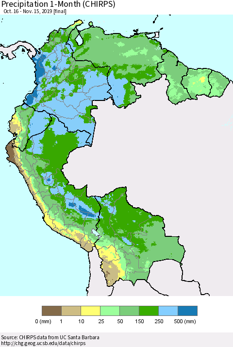 Northern South America Precipitation 1-Month (CHIRPS) Thematic Map For 10/16/2019 - 11/15/2019