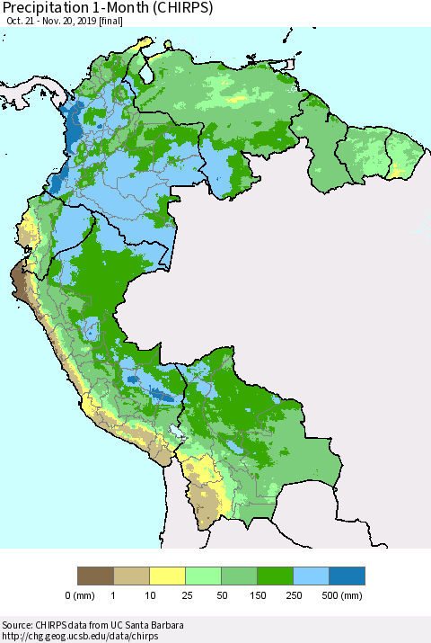 Northern South America Precipitation 1-Month (CHIRPS) Thematic Map For 10/21/2019 - 11/20/2019