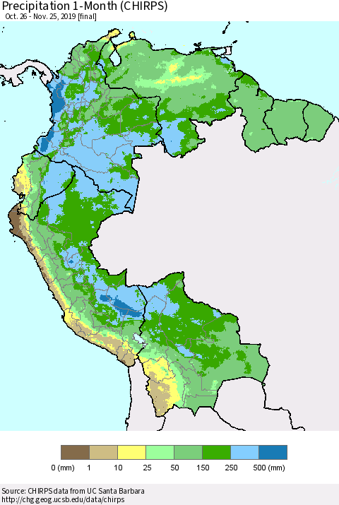 Northern South America Precipitation 1-Month (CHIRPS) Thematic Map For 10/26/2019 - 11/25/2019
