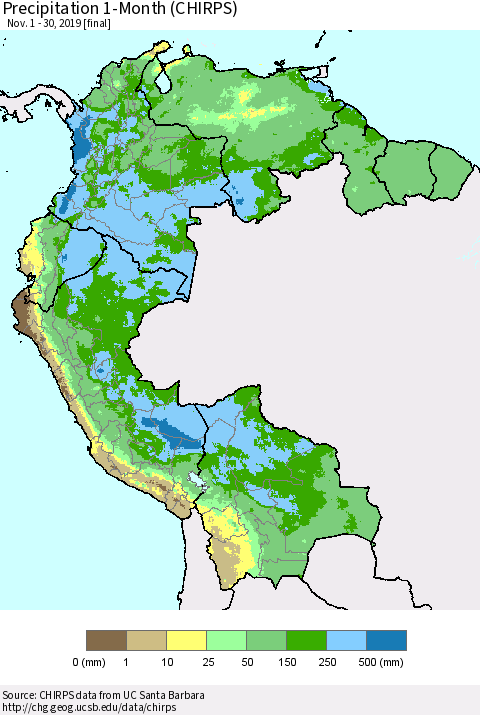 Northern South America Precipitation 1-Month (CHIRPS) Thematic Map For 11/1/2019 - 11/30/2019