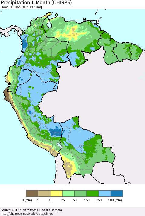 Northern South America Precipitation 1-Month (CHIRPS) Thematic Map For 11/11/2019 - 12/10/2019