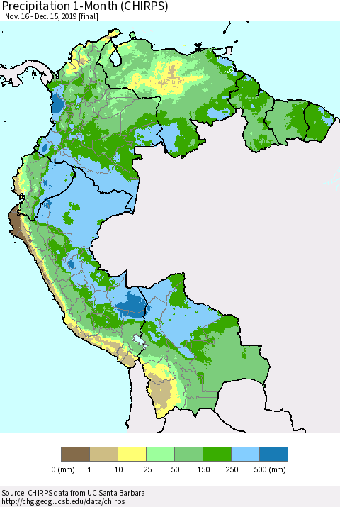 Northern South America Precipitation 1-Month (CHIRPS) Thematic Map For 11/16/2019 - 12/15/2019